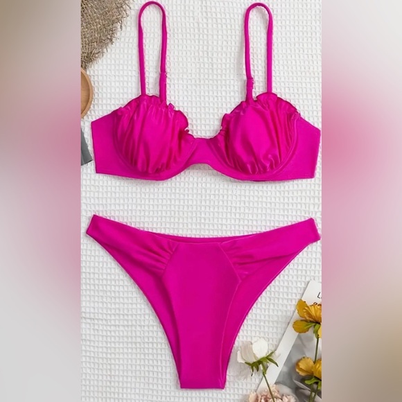 Pink Ruffle Trim Underwire High Cut Bikini Set - Picture 4 of 8